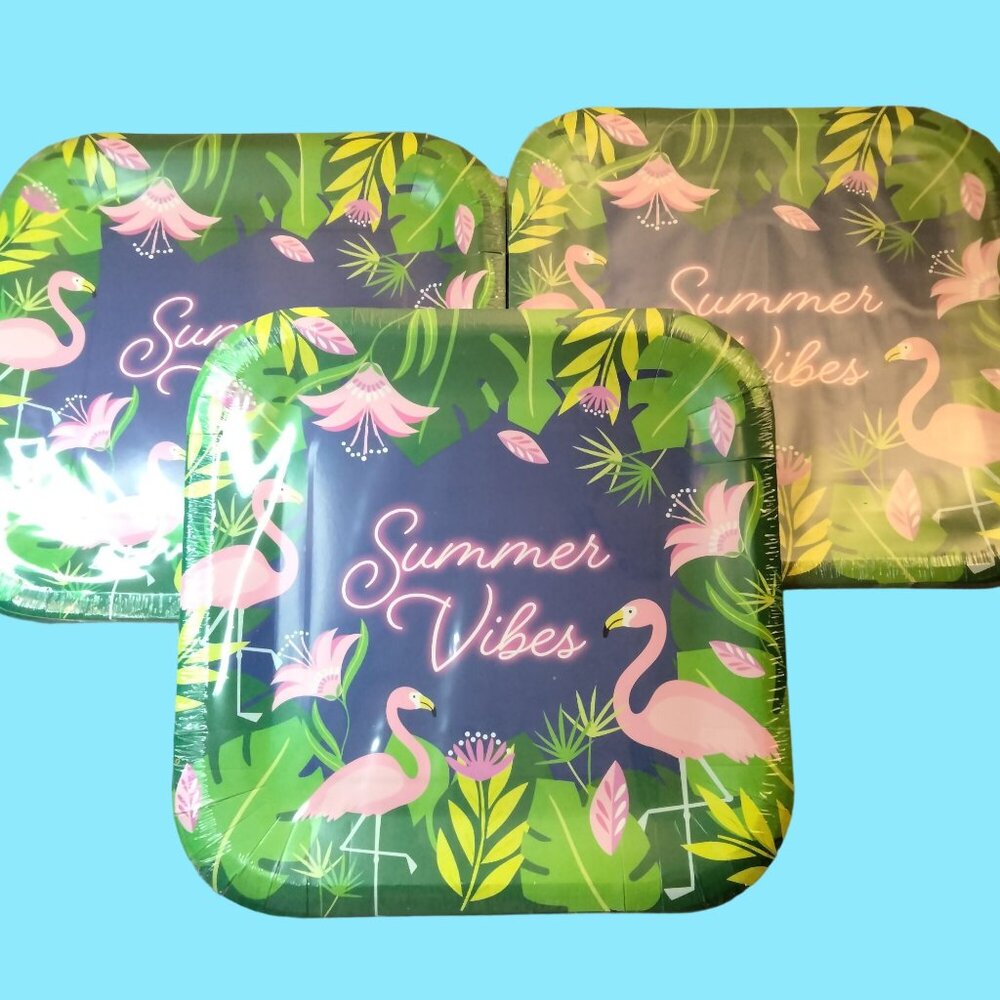 Pink Flamingo Paper Plates Summer Vibes 36 plate 9 x 9 inch